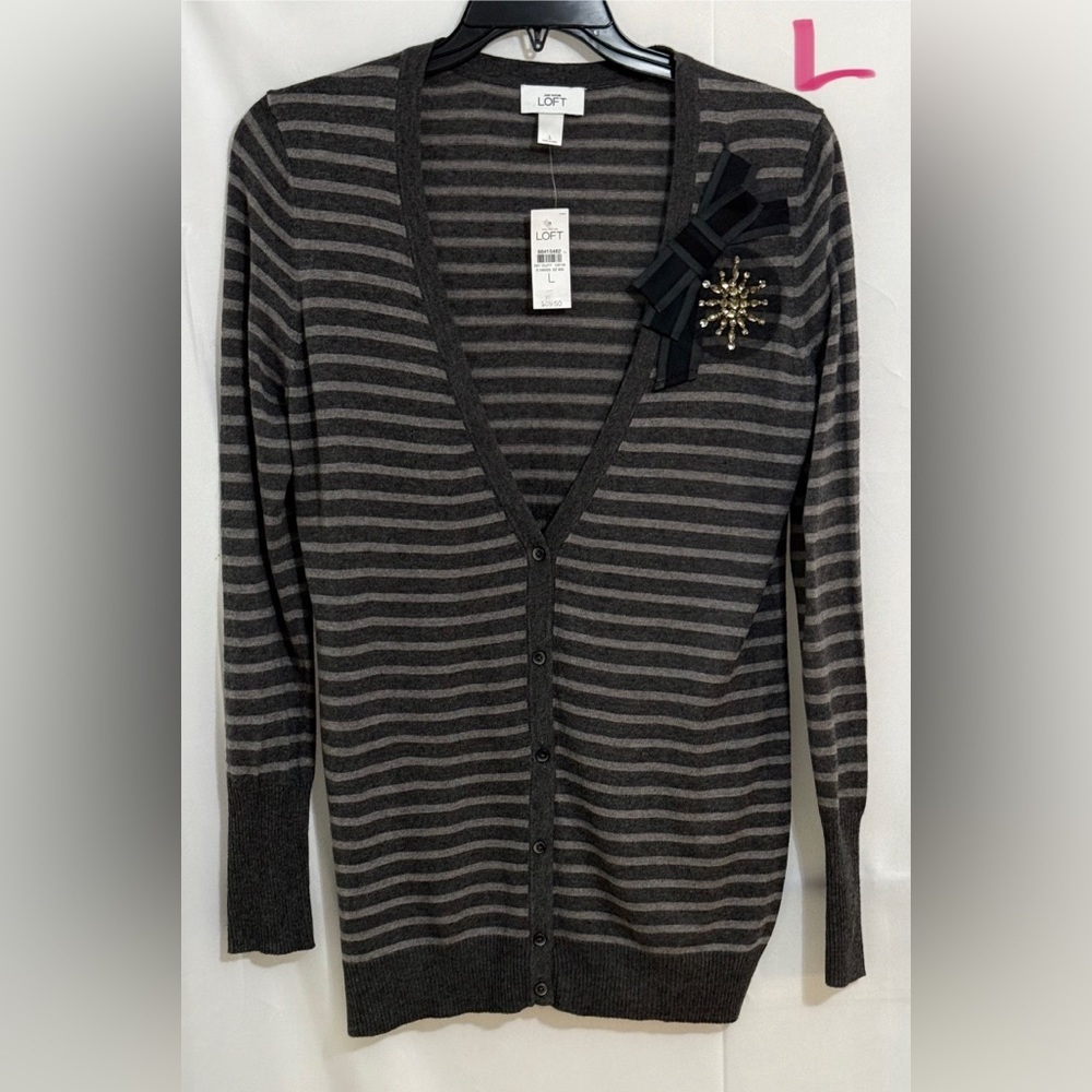 LOFT Women's Striped Gray Cardigan Sweater